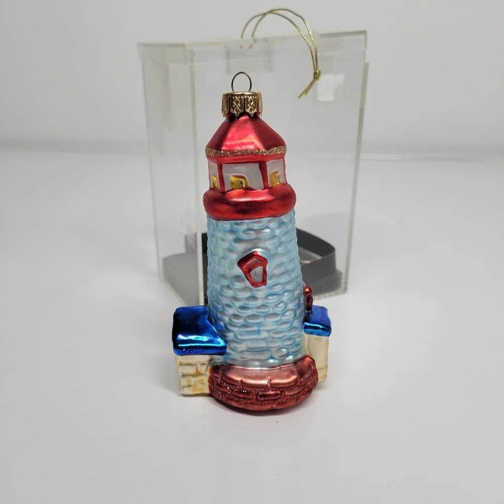 VTG Blown Glass lighthouse Ornament Red Blue Glitter Ocean Coastal Holiday Gift